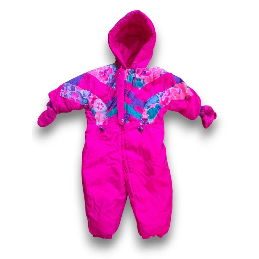 Vintage 80s 90s Snowsuit Baby Bunting Pink Insulated Hooded Lined + Mittens 18m
